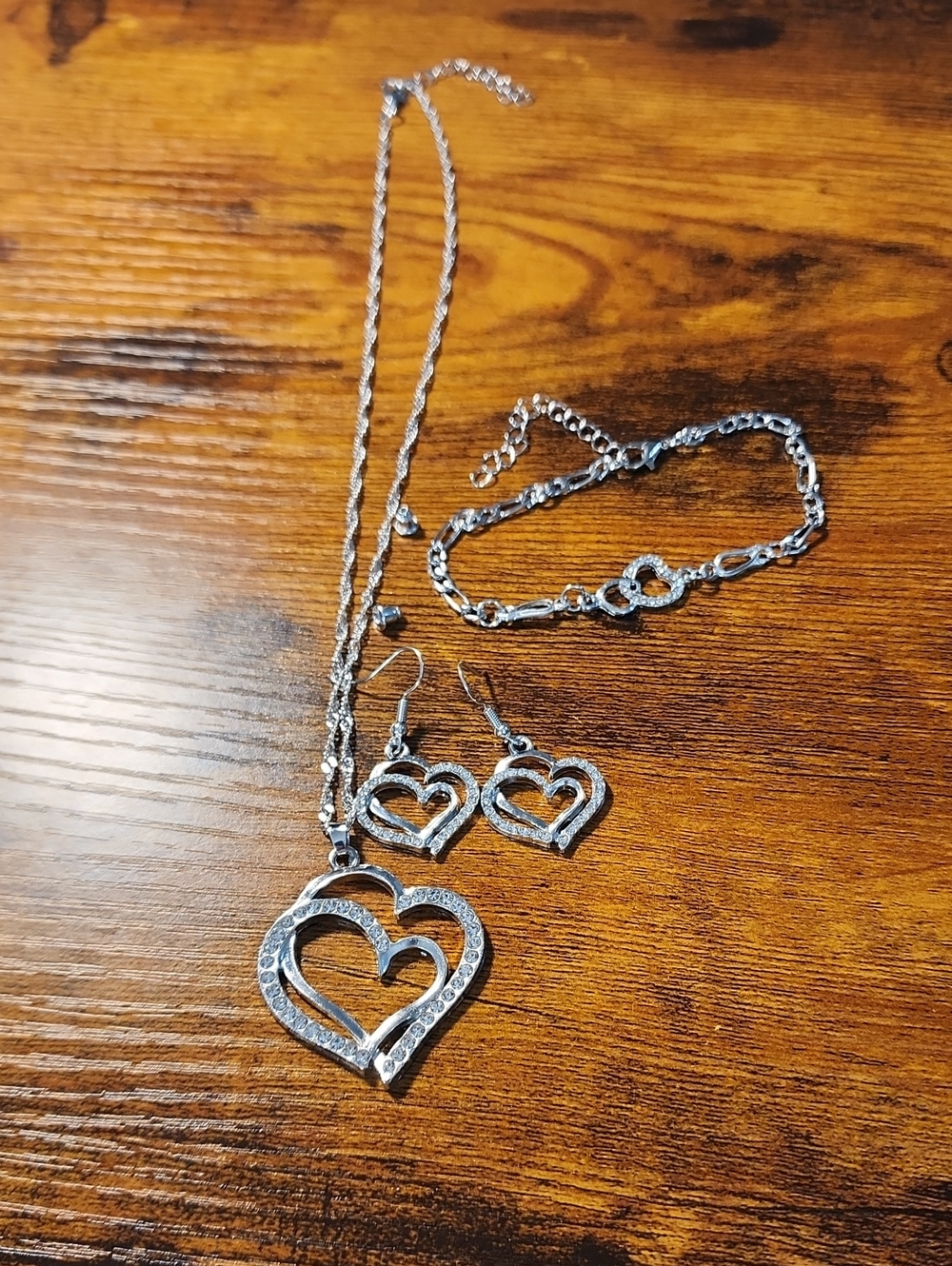 4pcs Elegant Double Heart Necklace, Earrings, Bracelet Jewelry Set, Fashion